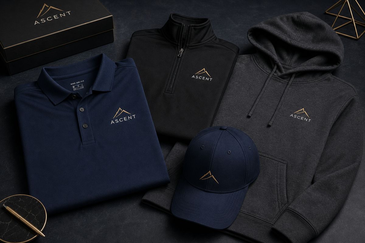 Navy polo, black quarter-zip, hoodie and cap with a tonal embroidered logo