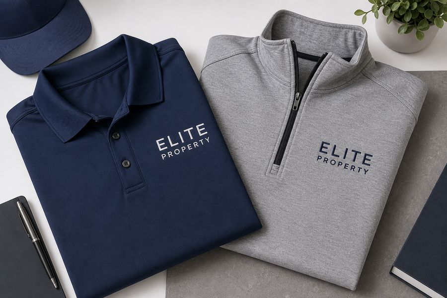 Navy polo and grey quarter-zip with a property company logo