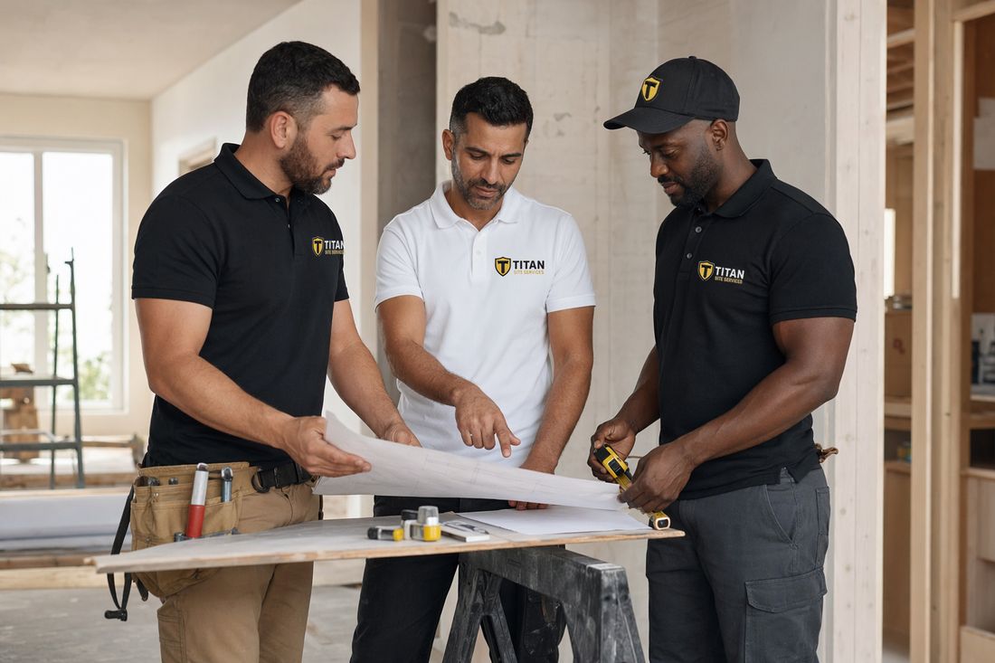 Construction crew in matching black and white branded polos reviewing plans