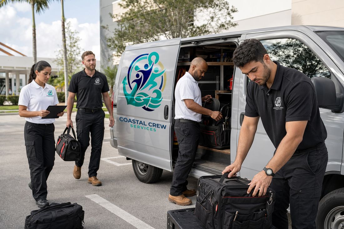 Field service team in branded polos loading a company van