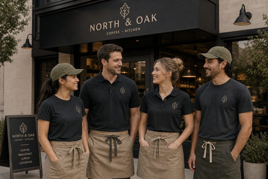 Restaurant staff in matching branded tees and aprons outside a cafe