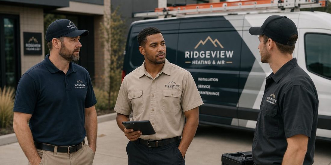 HVAC technicians in embroidered polos and work shirts beside a service van