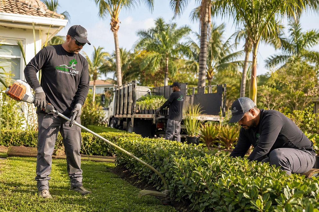 Landscaping crew trimming hedges in matching branded long sleeves
