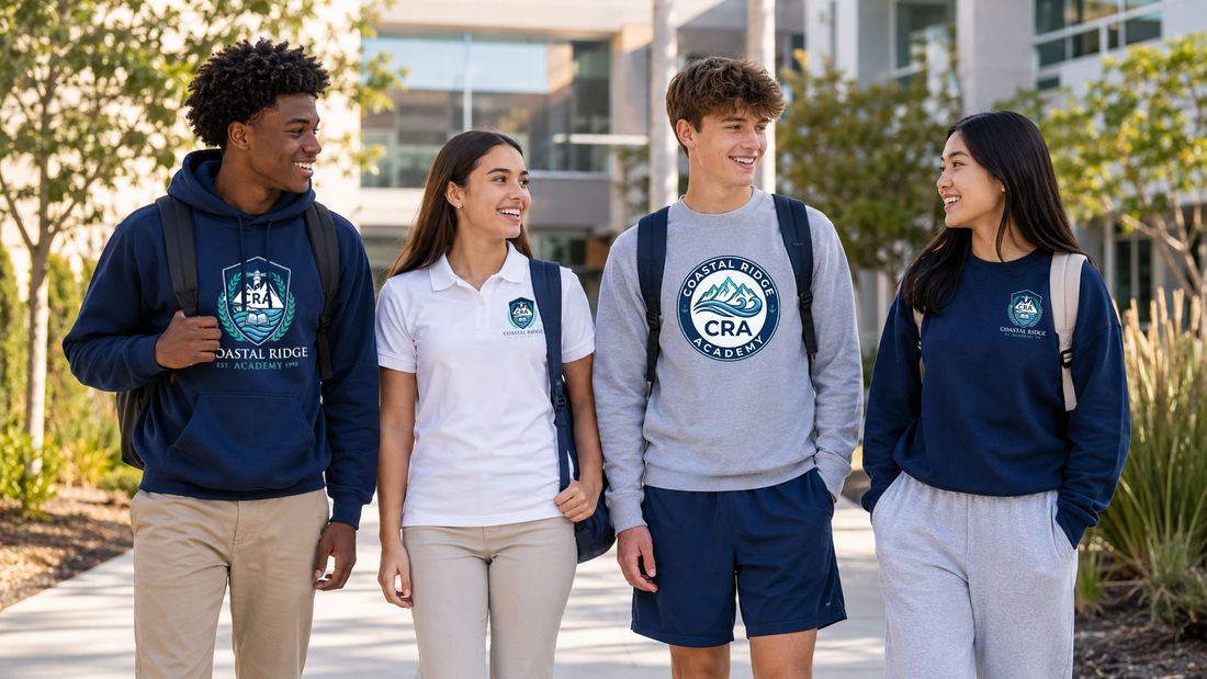 Students in branded hoodies, polos and crewnecks walking on campus