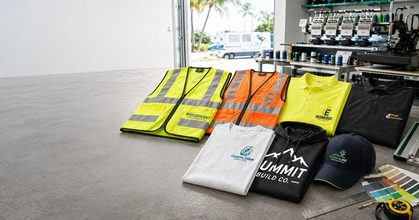 Finished hi-vis vests, polos, hoodies and caps laid out on the floor of the Merch Desk shop